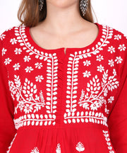 Red Hand-Embroidered Cotton Chikankari Kurta with Pocket